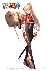  blonde_hair breasts caterpillar_tracks character_request commentary covered_navel ecell female fourragere full_body gloves hand_on_hilt korean_text mecha_musume medium_breasts panzer_waltz photoshop_(medium) ponytail sideboob simple_background skin_tight solo sword turret uniform weapon white_background 