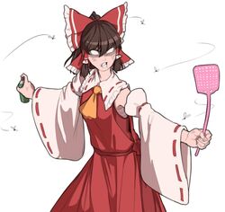  anger_vein angry ascot blank_eyes bow brown_hair bug bug_spray clenched_teeth collar commentary cowboy_shot detached_sleeves female fly flyswatter frilled_bow frilled_collar frills hair_tubes hairbow hakurei_reimu japanese_clothes long_hair mefomefo miko red_bow shaded_face simple_background solo teeth touhou white_background wide_sleeves yellow_ascot 