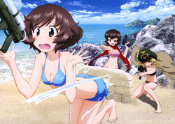  3girls :d absurdres akiyama_yukari arched_back assault_rifle bandeau barefoot beach bent_over bikini bikini_shorts black_bikini blonde_hair blue_bikini blush breasts brown_eyes brown_hair caesar_(girls_und_panzer) cleavage cloud d: day detexted erwin_(girls_und_panzer) girls_und_panzer gun hat highres jacket jacket_on_shoulders medium_breasts messy_hair military military_uniform multiple_girls navel ocean official_art on_one_knee open_clothes open_jacket open_mouth outdoors peaked_cap pink_bikini pointing red_scarf rifle rock scan scarf short_hair short_shorts shorts sky small_breasts smile splashing stg44 surprised swimsuit third-party_edit uniform water water_gun weapon yoshida_nobuyoshi 