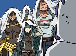  2boys 2girls abs absurdres black_hair cleopatra_(fate) closed_eyes commentary cosplay dark-skinned_male dark_skin fate/grand_order fate_(series) green_eyes green_hair grin highres iskandar_(fate) long_hair long_sleeves looking_at_another medjed_(fate) medjed_(fate)_(cosplay) multiple_boys multiple_girls nitocris_(fate) nitocris_(swimsuit_assassin)_(fate) ozymandias_(fate) purple_hair red_hair shirt short_hair sleeveless sleeveless_shirt smile yuuma_(u-ma) 