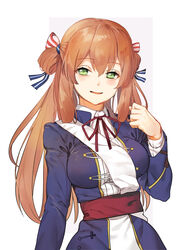  blue_dress blush brown_hair commentary_request dress female girls&#039;_frontline green_eyes hair_between_eyes half-closed_eyes hand_up looking_at_viewer military military_uniform parted_lips sash shovelwell sidelocks simple_background smile solo springfield_(girls&#039;_frontline) two_side_up uniform upper_body white_background 