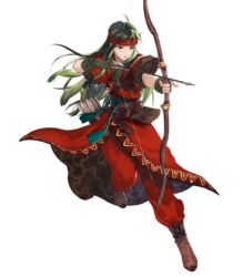  armor arrow_(projectile) belt boots bow_(weapon) brown_footwear female fingerless_gloves fire_emblem fire_emblem:_the_binding_blade fire_emblem_heroes full_body gloves green_eyes green_hair headband highres holding holding_weapon leg_up long_hair mayo_(becky2006) official_art open_mouth pants quiver short_sleeves shoulder_armor solo sue_(fire_emblem) teeth torn_clothes transparent_background weapon 