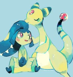  2015 absurd_res ambiguous/ambiguous ambiguous_gender ampharos anthro archaeologist_mawile blush dashing_wanderer_ampharos digital_media_(artwork) digital_painting_(artwork) duo generation_2_pokemon generation_3_pokemon hair_mouth hi_res humanoid kissing mawile nintendo pokemon pokemon_(species) pokemon_mystery_dungeon red_eyes rinnai-rai sharp_teeth simple_background spike_chunsoft teeth 