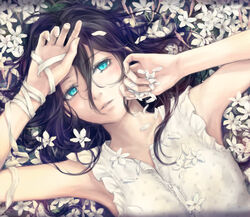  aqua_eyes armpits arms_up bandaged_arm bandages black_hair buttons commentary_request curled_fingers dress dutch_angle expressionless female field flower flower_field frilled_dress frills from_above hair_between_eyes half-closed_eyes hands_on_own_face jasmine_(flower) lips long_hair looking_at_viewer looking_to_the_side looking_up lying medium_hair nuwanko on_back original parted_lips short_sleeves sleeveless sleeveless_dress solo upper_body wavy_hair white_dress white_flower 