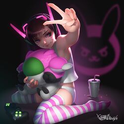  backlighting brown_hair chinese_commentary commentary condensation controller cup d.va_(overwatch) dark_background dated drinking_straw emblem facepaint facial_mark female foreshortening full_body game_controller glowing headphones holding long_hair looking_at_viewer meka_(overwatch) no_shoes overwatch overwatch_1 panties pink_eyes puddle shirt signature sitting skindentation smile solo striped_clothes striped_thighhighs stuffed_toy swept_bangs tank_top thighhighs underwear underwear_only v wariza whisker_markings white_panties white_shirt zhaoyebai 