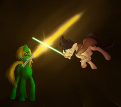  2016 absurd_res cloak clothed clothing collaboration duo equid equine eye_patch eyewear fan_character female feral fight green_lightsaber hair hasbro hi_res holding_object holding_weapon horse jair_tri-fire jedi lightsaber mammal marsminer melee_weapon my_little_pony nude one_eye_closed orange_lightsaber padawanarts pone_keith pony simple_background star_wars weapon 