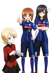  3girls absurdres black_eyes black_hair black_skirt blonde_hair blue_eyes blue_legwear braid brown_eyes crossed_arms cup darjeeling_(girls_und_panzer) eyebrows girls_und_panzer gym_uniform hand_on_own_hip highres index_finger_raised isuzu_hana j._league jacket kneehighs long_hair looking_at_viewer military military_jacket military_uniform mito_hollyhock multiple_girls nishizumi_miho official_art pleated_skirt red_shirt saucer shirt short_hair shorts simple_background skirt smile soccer soccer_uniform socks sportswear st._gloriana&#039;s_military_uniform teacup uniform white_background 