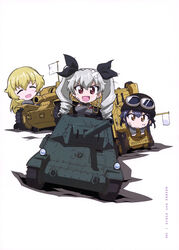  3girls absurdres anchovy_(girls_und_panzer) anzio_(emblem) anzio_military_uniform carpaccio_(girls_und_panzer) carro_armato_p40 carro_veloce_cv-33 caterpillar_tracks chibi emblem enter_enter_mission! flag girls_und_panzer grey_hair highres military military_uniform military_vehicle motor_vehicle multiple_girls official_art pepperoni_(girls_und_panzer) self-propelled_artillery semovente_75/18 short_hair simple_background tank twintails uniform weapon white_background white_flag 