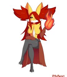  animal_ear_fluff animal_ears artist_name bangs black_sclera breasts closed_mouth creatures_(company) delphox female female fire fox_ears full_body furry game_freak gen_6_pokemon hair_over_one_eye hand_up happy highres invisible_chair jpeg_artifacts legs_crossed long_hair looking_at_viewer medium_breasts mezmaroon nintendo no_humans orange_eyes paws pokemon pokemon_(creature) red_hair shiny shiny_hair simple_background sitting smile solo twitter_username white_background 