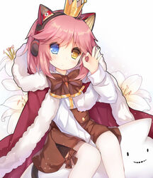  animal_ear_headphones animal_ears arm_up between_legs blue_eyes blush bow bow_legwear brown_bow brown_skirt cat_ear_headphones cloak commentary_request crown fake_animal_ears female flower fur-trimmed_cloak fur_trim hair_flaps hand_between_legs head_tilt headphones heterochromia hood hood_down hooded_cloak lily_(flower) long_hair long_sleeves looking_at_viewer ok_sign pink_hair red_cloak shirt simple_background sitting skirt solo tengxiang_lingnai thighhighs tirpitz_(warship_girls_r) warship_girls_r white_background white_flower white_shirt white_thighhighs yellow_eyes 