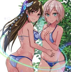  2girls anastasia_(idolmaster) ass bikini blue_eyes breasts brown_eyes brown_hair commentary_request grey_hair hair_ornament halterneck idolmaster idolmaster_cinderella_girls idolmaster_cinderella_girls_starlight_stage long_hair looking_at_viewer love_laika_(idolmaster) medium_breasts multiple_girls nitta_minami okutomi_fumi short_hair string_bikini swimsuit 