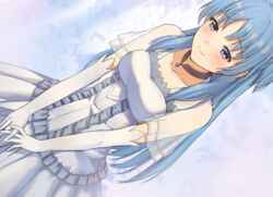  bad_id bad_pixiv_id blue_eyes blue_hair blush choker chtholly_nota_seniorious collarbone dress dutch_angle elbow_gloves female gem gloves long_hair piza_rokumai see-through short_sleeves shuumatsu_nani_shitemasu_ka? smile solo standing very_long_hair wedding_dress white_dress white_gloves 