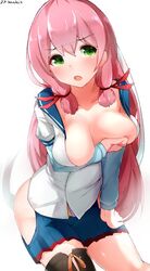  akashi_(kancolle) artist_name bad_id bad_twitter_id black_thighhighs boruhis breast_hold breasts cleavage commentary_request eyebrows female green_eyes hair_between_eyes hair_ribbon hip_vent kantai_collection large_breasts long_hair long_sleeves looking_at_viewer miniskirt open_mouth pink_hair pleated_skirt ribbon school_uniform serafuku simple_background single_thighhigh skirt solo thighhighs white_background 