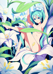  armpits arms_up bad_id bad_pixiv_id barefoot blue_eyes blue_hair breasts cleavage collarbone convenient_censoring day fedsnk female flower hair_between_eyes hatsune_miku long_hair looking_at_viewer medium_breasts nude outdoors parted_lips photoshop_(medium) shiny_skin solo twintails underboob very_long_hair vocaloid white_flower 