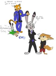  2016 4_fingers annoyed anthro benjamin_clawhauser black_nose brown_eyes canid canine cheetah clothed clothing crossed_arms dialogue disney english_text felid feline fennec_fox fingers finnick_(zootopia) fox fur grey_body grey_fur hi_res hidden_mickey inner_ear_fluff jack_savage lagomorph leporid looking_at_another looking_down male mammal markings necktie open_mouth open_smile orange_body orange_fur oversized_clothing police police_uniform quirky-middle-child rabbit simple_background smile smug spots spotted_body spotted_fur striped_markings striped_tail stripes suit tail tail_markings tan_body tan_fur text true_fox tuft uniform white_background zootopia 