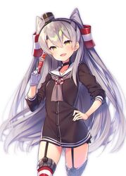  :d amatsukaze_(kancolle) ass_visible_through_thighs breasts choker commentary_request contrapposto cowboy_shot dress female garter_straps gloves grey_hair hair_between_eyes hairband hand_on_own_hip hat highres kantai_collection long_hair mini_hat open_mouth red_thighhighs sailor_dress short_dress single_glove small_breasts smile solo tahya thighhighs two_side_up very_long_hair white_gloves yellow_eyes zettai_ryouiki 