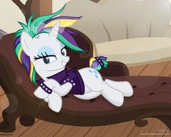  2017 absurd_res bedroom_eyes blue_eyes clothed clothing cutie_mark deathhawk equid equine female feral friendship_is_magic furniture grin hair half-closed_eyes hasbro hi_res horn inside looking_at_viewer mammal multicolored_hair my_little_pony mythological_creature mythological_equine mythology narrowed_eyes raripunk rarity_(mlp) seductive shutterflyeqd smile sofa solo unicorn unicorn_horn 