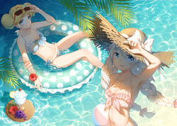  2girls 3000_xiao_chun absurdres ai-chan_(honkai_impact) armpits benghuai_xueyuan bikini blonde_hair blue_bikini blue_eyes blush braid breasts cleavage closed_mouth commentary_request double_bun eyewear_on_head flower flower_bracelet food fruit grapes hair_bun hat hat_ribbon highres honkai_(series) honkai_impact_3rd kiana_kaslana looking_at_viewer medium_breasts multiple_girls navel open_mouth pink_bikini ribbon short_hair smile straw_hat sunglasses swimsuit twin_braids twintails water white_hair white_ribbon 