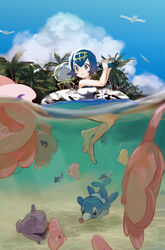  alomomola barefoot binoculars blue_eyes blue_hair blue_sky cloud cloudy_sky day dewpider female finneon hairband highres holding holding_binoculars innertube lana_(pokemon) linaria_(ookinahitomi) looking_to_the_side luvdisc one-piece_swimsuit outdoors palm_tree parted_lips partially_submerged partially_underwater_shot photoshop_(medium) pokemon pokemon_(creature) pokemon_sm popplio shellder short_hair sky swim_ring swimming swimsuit tree tropical water wingull 