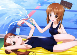  2girls absurdres armpits bare_shoulders blush breasts broom brown_eyes brown_hair cleaning_brush collarbone copyright_name covered_navel drain_(object) empty_pool flat_chest food girls_und_panzer highres holding holding_food holding_hose holding_mop hose inflatable_raft kadotani_anzu logo lying mop multiple_girls nishizumi_miho official_art on_back one-piece_swimsuit open_mouth pool poolside popsicle scan school_swimsuit school_uniform summer swimsuit tongue tongue_out twintails water yoshida_nobuyoshi 