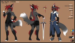  anthro biped black_border boots border canid canine clothed clothing coat conditional_dnp costume digital_media_(artwork) english_text exposure_variation felid fluff-kevlar footwear fur grey_body grey_fur hair hi_res hybrid male mammal melee_weapon model_sheet nytro_(fluff-kevlar) red_hair scar science_fiction shoes solo sword text topless topwear underwear visor weapon 