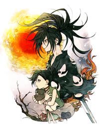  1boy bag bandaged_arm bandages bare_shoulders black_eyes black_hair body_parts branch brown_choker brown_gloves choker commentary_request dororo_(character) dororo_(tezuka) female fingerless_gloves fuji_166 gloves highres holding hyakkimaru_(dororo) japanese_clothes looking_to_the_side medium_hair ponytail sun sword upper_body weapon 