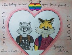  2015 aiden_harris anthro backpack bashfulbuckboy canid canine closet_coon clothed clothing colin_young english_text fox front_view fur grey_body grey_fur heart_symbol lgbt_pride male mammal orange_body orange_fur procyonid raccoon rainbow romantic romantic_ambiance romantic_couple shirt text topwear traditional_media_(artwork) 