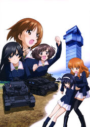  5girls absurdres ahoge akiyama_yukari anglerfish bird black_eyes black_footwear black_hair blue_jacket blunt_bangs boots brown_eyes brown_hair carrying duck emblem fish girls_und_panzer green_shirt hairband highres hippopotamus isuzu_hana jacket long_hair long_sleeves looking_at_viewer messy_hair military military_uniform military_vehicle miniskirt motor_vehicle multiple_girls nishizumi_miho official_art ooarai_(emblem) ooarai_(ibaraki) ooarai_marine_tower ooarai_military_uniform open_mouth orange_eyes orange_hair panzer_iv pleated_skirt reizei_mako shirt short_hair skirt smile socks standing sturmgeschutz_iii takebe_saori tank thighhighs throat_microphone tower type_89_i-gou uniform white_skirt 