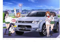  5girls absurdres ad ahoge akiyama_yukari alternate_costume anglerfish banner birthday_sash black_eyes black_hair black_socks black_thighhighs blouse blunt_bangs brown_eyes brown_footwear brown_hair car cloud cloudy_sky day emblem fish girls_und_panzer green_skirt hairband highres holding isuzu_hana landscape loafers long_hair long_sleeves looking_at_viewer megaphone messy_hair miniskirt mitsubishi_motors mitsubishi_outlander motor_vehicle multiple_girls neckerchief nishizumi_miho official_art one_eye_closed ooarai_(ibaraki) ooarai_marine_tower ooarai_school_uniform open_mouth orange_eyes orange_hair outdoors pleated_skirt product_placement reizei_mako sash school_uniform serafuku shirt shoes short_hair shoulder_sash skirt sky smile socks sports_utility_vehicle squatting standing takebe_saori thighhighs tower vehicle_focus waving white_shirt 