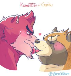  anthro bear beaugilliam blush brown_body brown_fur canid canine duo eye_scar facial_scar fur gyobu_(tas) heart_symbol kissing kumatetsu lifewonders male male/male mammal raccoon_dog scar simple_background tanuki the_boy_and_the_beast tokyo_afterschool_summoners tongue tongue_out white_background 