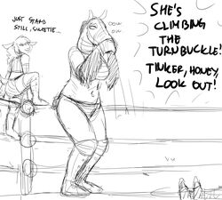  anthro bear_hug big_breasts black_and_white bovid breasts caprine clothed clothing dialogue english_text equid equine female group hi_res hladilnik horse jane_doe_(hladilnik) mammal mask monochrome rope_climbing sheep text tinker_(hladilnik) trio wrestling wrestling_match 