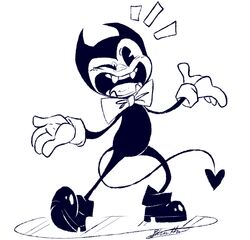  2017 bendy_and_the_ink_machine bendy_the_dancing_demon black_body blasticheart_(artist) blue_and_white bow_(feature) bow_tie clothing demon demon_humanoid fleischer_style_toon gloves handwear horn horned_humanoid humanoid male monochrome not_furry solo toony 