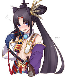  :d armor asymmetrical_sleeves bad_id bad_pixiv_id bare_shoulders black_hair black_hat blue_eyes blue_gloves blush bottle breast_curtains breasts cropped_torso detached_collar detached_sleeves facial_mark fate/grand_order fate_(series) feathers female forehead_mark gloves hair_bun hair_ornament hand_up hat head_tilt holding holding_sheath japanese_armor katana kusazuri linea_alba long_hair long_sleeves looking_at_viewer mismatched_sleeves navel nose_blush open_mouth parted_bangs pom_pom_(clothes) pommel_tassel purple_sleeves revealing_clothes rope scabbard sheath sheathed shoulder_armor side_ponytail sideboob simple_background single_hair_bun small_breasts smile sode solo stomach sword tassel tate_eboshi thick_eyebrows twitter_username upper_body ushiwakamaru_(fate) weapon white_background white_sleeves wide_sleeves yukihama 