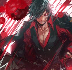  1boy artist_name black_hair blood blood_splatter commentary_request dungeon_and_fighter evil_grin evil_smile eyepatch glowing glowing_eye grin kairi_(kai_ri) male_brawler_(dungeon_and_fighter) male_fighter_(dungeon_and_fighter) male_focus red_eyes smile 