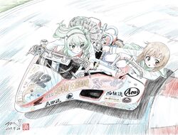  2girls alternate_eye_color alternate_hair_color animal_print artist_name bandages bear_print black_ribbon black_skirt blouse boko_(girls_und_panzer) brown_hair casual closed_mouth colored_pencil_(medium) commentary_request dated driving frown girls_und_panzer green_eyes green_hair green_skirt hair_ribbon highres kneeling kubota_shinji layered_skirt leaning_to_the_side logo long_hair long_sleeves looking_to_the_side miniskirt motion_blur motor_vehicle motorcycle multiple_girls nishizumi_miho one_side_up ooarai_school_uniform outdoors pleated_skirt race_vehicle racing ribbon riding road school_uniform serafuku shimada_arisu shirt short_hair signature sitting skirt stuffed_animal stuffed_toy teddy_bear traditional_media watermark white_shirt wind 