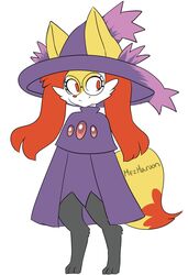  animal_ear_fluff animal_ears artist_name barefoot bespectacled black-framed_eyewear braixen closed_mouth clothed_pokemon cosplay creatures_(company) dress female female fox_ears fox_tail full_body furry game_freak gen_4_pokemon gen_6_pokemon glasses happy hat highres jpeg_artifacts looking_to_the_side mezmaroon mismagius mismagius_(cosplay) nintendo no_humans paws pokemon pokemon_(creature) purple_dress purple_hat red_eyes signature simple_background smile solo standing tail white_background witch_hat 