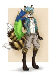  anthro bell blue_hair canid canine cheetah clothed clothing collar digitigrade eyewear felid feline fox glasses hair hi_res hybrid male mammal multi_tail neko_ed novasquirrel s00t simple_background solo tail tail_mouth tailmouth_(species) unusual_anatomy unusual_tail 