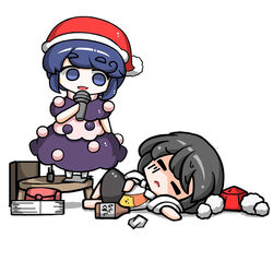  2girls black_hair blue_eyes blue_hair chibi commentary_request doremy_sweet dress drunk edowan hat lying microphone multiple_girls nightcap open_mouth photoshop_(medium) pom_pom_(clothes) shameimaru_aya shirt short_hair skirt smile tokin_hat touhou 