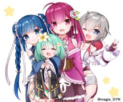  4girls :d ;) ahoge aqua_hair black_skirt blue_eyes blue_hair braid chun_meiyui closed_eyes commentary_request corset double_bun facing_viewer fingerless_gloves flower gloves grey_hair hair_bun hair_flower hair_ornament hakuari_(hina) hands_up hug hug_from_behind looking_at_viewer magia_record:_mahou_shoujo_madoka_magica_gaiden magical_girl mahou_shoujo_madoka_magica multiple_girls natsume_kako one_eye_closed open_mouth pink_eyes pink_hair shinobu_akira_(madoka_magica) short_hair skirt smile standing star_(symbol) star_hair_ornament tokiwa_nanaka twin_braids 