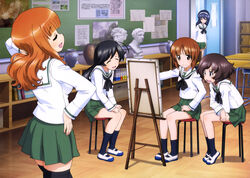  5girls :d absurdres ahoge akiyama_yukari art_room black_eyes black_hair black_socks black_thighhighs blue_legwear brown_eyes brown_hair bust_(sculpture) canvas_(object) classroom closed_eyes collarbone crossed_legs easel eyebrows girls_und_panzer green_skirt hairband hand_in_own_hair hand_on_own_hip highres indoors isuzu_hana itou_takeshi long_hair modeling multiple_girls nishizumi_miho official_art ooarai_school_uniform open_mouth orange_hair pleated_skirt pose reizei_mako school_uniform serafuku shirt shoes short_hair sitting skirt smile socks takebe_saori thighhighs uwabaki white_hairband white_shirt zettai_ryouiki 