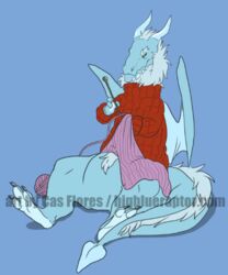  2016 bedding blanket clothing dragon fur furred_dragon furred_scalie horn knitting mane mythological_creature mythological_scalie mythology rime scalie sitting solo sweater tail topwear trashdogeking wings yarn 