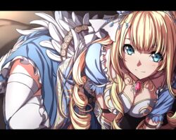  blonde_hair blue_dress blue_eyes breasts cleavage commentary_request crown dress eunice_(kanpani_girls) female kanpani_girls large_breasts letterboxed looking_at_viewer mini_crown nagioka smile solo thighhighs white_thighhighs 