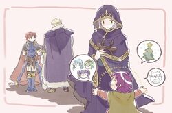  2boys 2girls armor bad_id bad_twitter_id belt blonde_hair blue_headband cape closed_eyes commentary_request dress fae_(fire_emblem) fake_antlers feh_(fire_emblem_heroes) fire_emblem fire_emblem:_mystery_of_the_emblem fire_emblem:_the_binding_blade fire_emblem:_the_blazing_blade fire_emblem:_the_sacred_stones fire_emblem_heroes from_behind fur_trim green_eyes headband heterochromia holding holding_sword holding_weapon hood hood_up idunn_(fire_emblem) long_sleeves multiple_boys multiple_girls murabito_ba myrrh_(fire_emblem) ninian_(fire_emblem) open_mouth pointy_ears purple_hair red_eyes red_hair robe roy_(fire_emblem) short_hair standing sword tiki_(fire_emblem) tiki_(young)_(fire_emblem) weapon zephiel_(fire_emblem) 