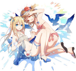  2girls arm_up ass babydoll bikini bird blonde_hair blue_eyes bow breasts brown_hair chinese_commentary collarbone commentary_request flower fre_(haochilanzuo) full_body grey_bikini hair_between_eyes hair_flower hair_ornament hairbow hand_up hibiscus holding_hands interlocked_fingers kai-ri-sei_million_arthur long_hair looking_at_viewer million_arthur_(series) multiple_girls official_art parted_lips photoshop_(medium) pink_bikini red_eyes sandals short_hair sidelocks small_breasts striped_bikini striped_clothes swimsuit thigh_strap thighs twintails 