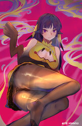  bad_id black_hair black_pantyhose blush breasts cleavage dress female godsh0t highres large_breasts long_hair looking_at_viewer lying mimikyu on_side panties panties_under_pantyhose pantyhose personification photoshop_(medium) pokemon purple_eyes skirt solo sweatdrop thighband_pantyhose underwear 