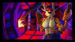  absurd_res anthro big_breasts breasts broken_teeth eyewear eyewear_on_head felid female fire fur goggles goggles_on_head hair hi_res horn illustration lineless mammal muscular muscular_anthro muscular_female pantherine red_hair science_fiction sk8th smoke solo spacecraft striped_body striped_fur stripes tiger vehicle 