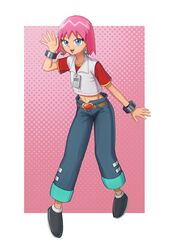  beauty_(bobobo-bo_bo-bobo) belt blue_eyes bobobo-bo_bo-bobo collarbone crop_top denim earrings female full_body heart highres jeans jewelry looking_at_viewer midriff navel open_mouth pants pink_hair short_hair short_sleeves smile solo 