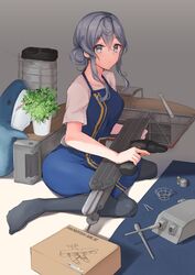  adapted_turret alternate_costume black_pantyhose blue_dress box cannon dress female full_body gotland_(kancolle) grey_eyes grey_hair hair_bun highres ikea_shark k_jie kantai_collection long_hair looking_at_viewer machinery mole mole_under_eye pantyhose plant potted_plant power_drill single_hair_bun sitting smokestack solo stuffed_animal stuffed_shark stuffed_toy turret wariza 