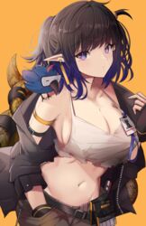  animal_on_shoulder arknights beak bird bird_on_shoulder black_gloves black_jacket blue_bird blue_eyes blue_hair breasts brown_hair brown_shorts cleavage commentary crop_top ear_piercing eunectes_(arknights) eunectes_(forgemaster)_(arknights) female fingerless_gloves gloves groin hand_in_pocket high_priest_(arknights) highres id_card jacket lanyard large_breasts looking_at_viewer midriff navel official_alternate_costume open_clothes open_jacket piercing pointy_ears ponytail rhodes_island_logo_(arknights) shirt short_hair shorts side_ponytail simple_background snake_tail stratoz tail torn_clothes torn_shirt white_shirt yellow_background 