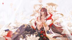  2boys absurdres asura_(onmyoji) bare_pectorals barefoot bird black_hair blonde_hair bracelet commentary_request couple curtains floating flower highres hug hug_from_behind japanese_clothes jewelry long_hair looking_at_another lotus male_focus multicolored_hair multiple_boys onmyoji pants pectorals print_pants red_eyes red_hair simian_chuge sitting smile streaked_hair taishakuten_(onmyoji) tattoo transparent transparent_curtains two-tone_hair white_hair white_lotus yaoi 